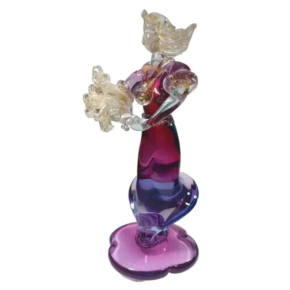 Vintage XL Murano Glass Woman Flower Bouquet Figurine Green Purple Pink 24k Gold - Picture 8 of 14